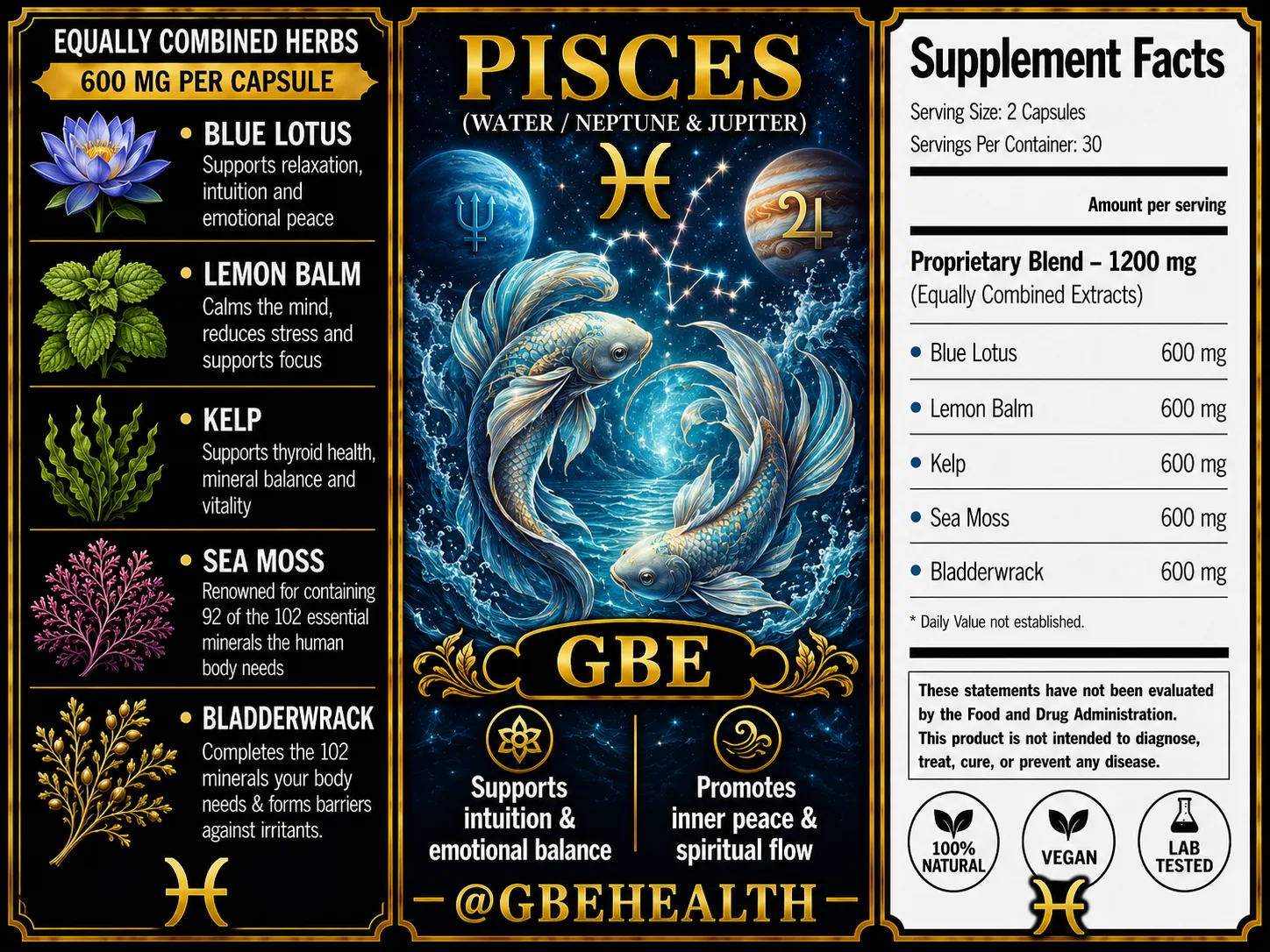 GBE Pisces (Water / Neptune & Jupiter) supplement label