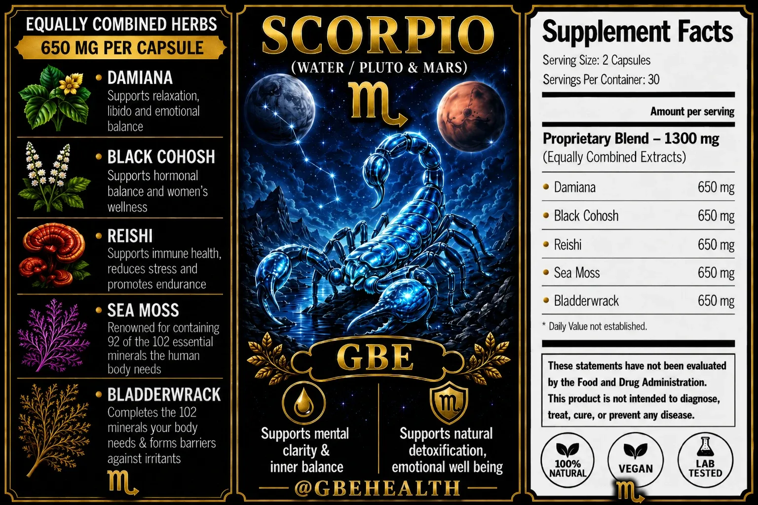 GBE Scorpio (Water / Pluto & Mars) supplement label