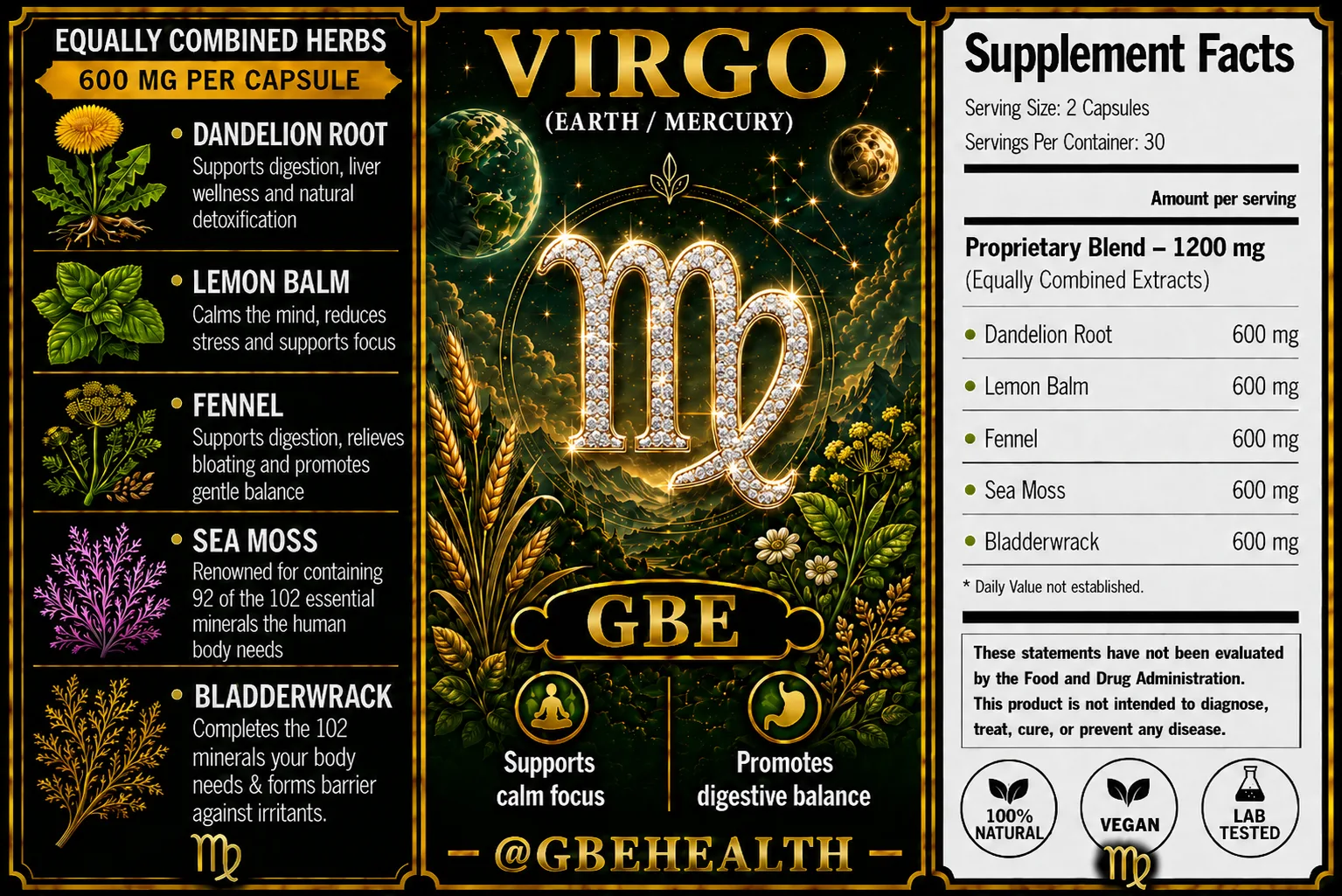 GBE Virgo (Earth / Mercury) supplement label